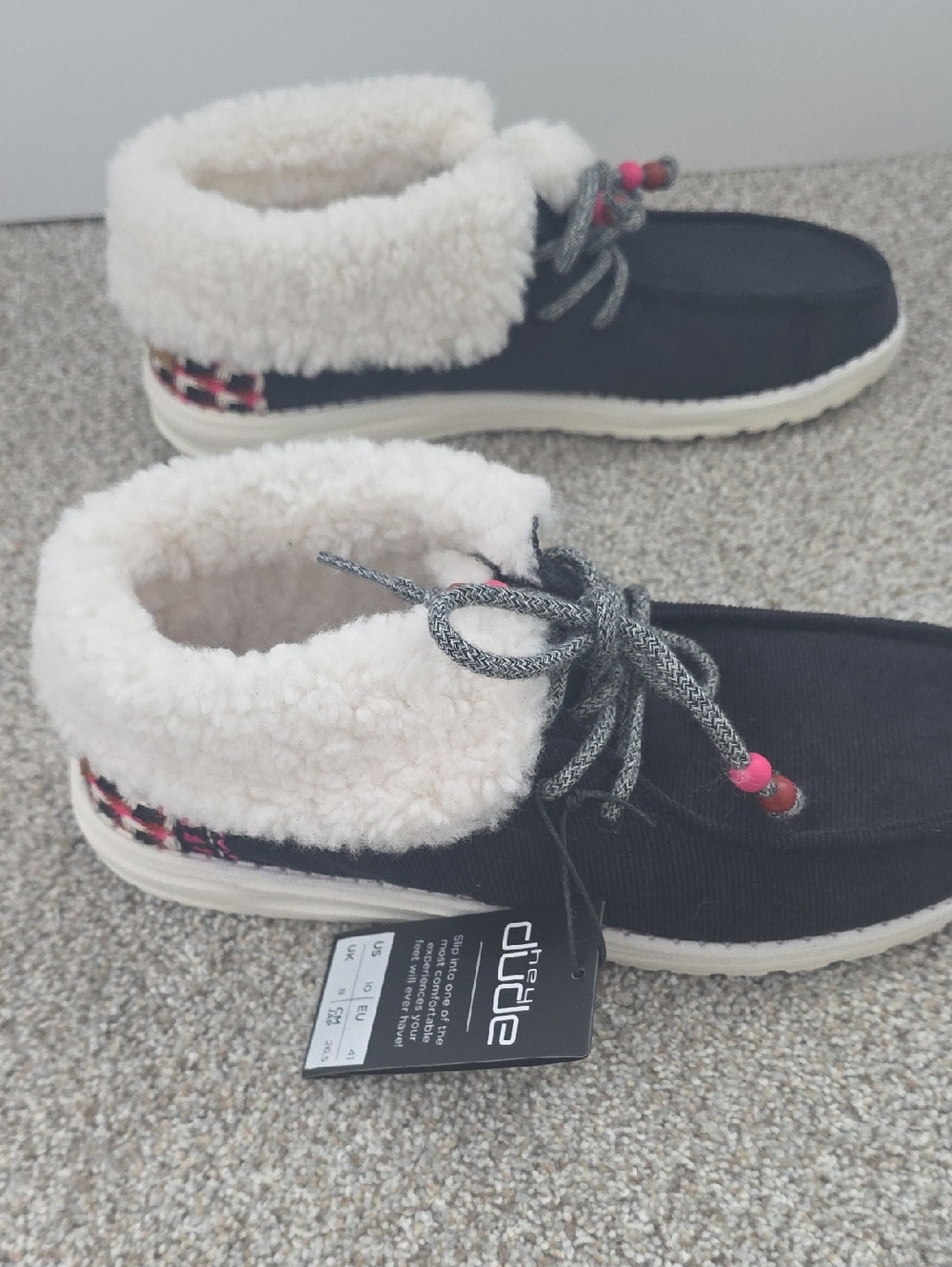 Hey Dude  Womens Black Slip-On Shoes with Cream Lining and Pink Bead Accents - Picture 2 of 8
